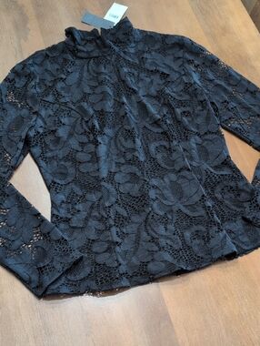 Natori Black Floral Lace Mock Neck Long Sleeve Blouse